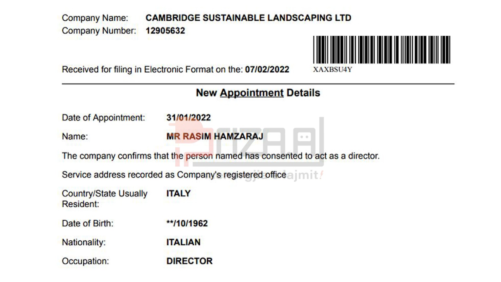 Rasim Hamzaraj caktohet drejtor te kompania "Cambridge Sustainable Landscaping" ltd, e cila është në zotërim të Klodian Allajbeut.