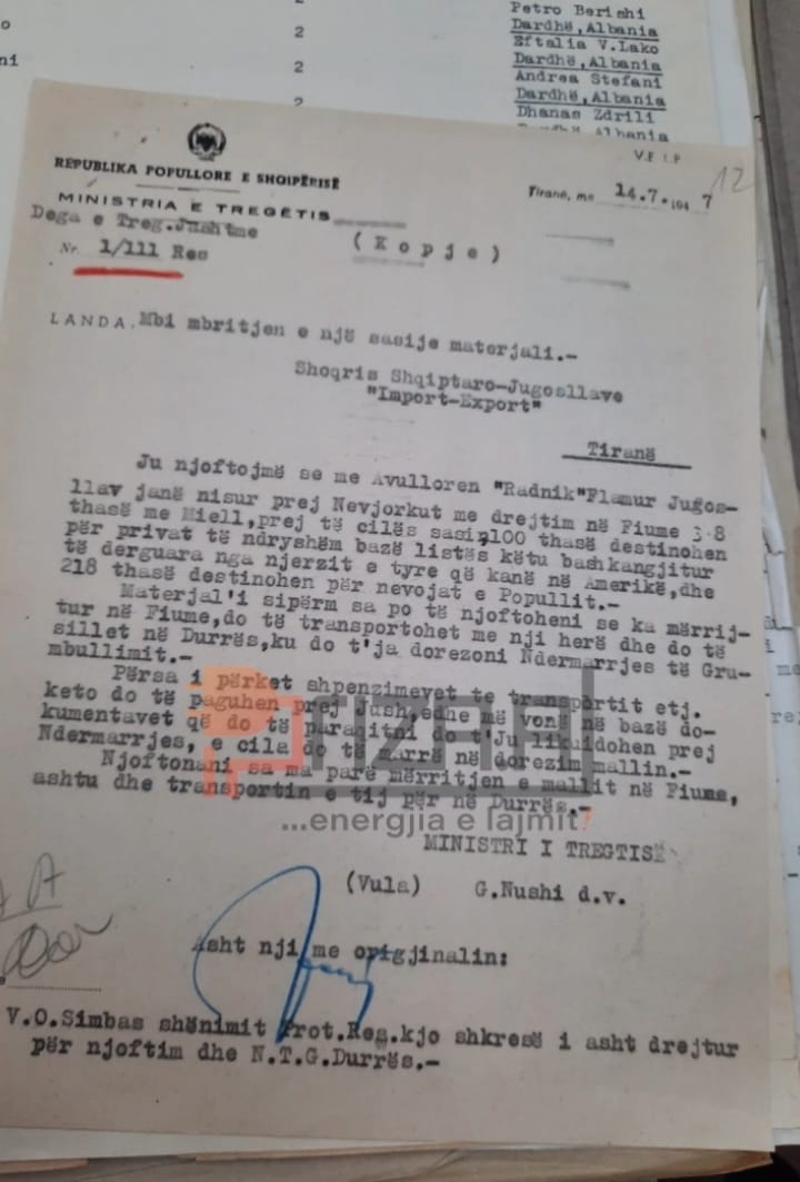 1. Dokumenti që tregon për njoftimin e ministrit të Tregtisë Gogo Nushi lidhur me dërgimin e një sasie me miell nga SHBA për ndihmë drejt Shqipërisë.