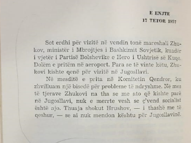 Foto 4: Pjesë nga ditari i Enver Hoxhës në të cilin bën fjalë për vizitën e Zhukov në Shqipëri.